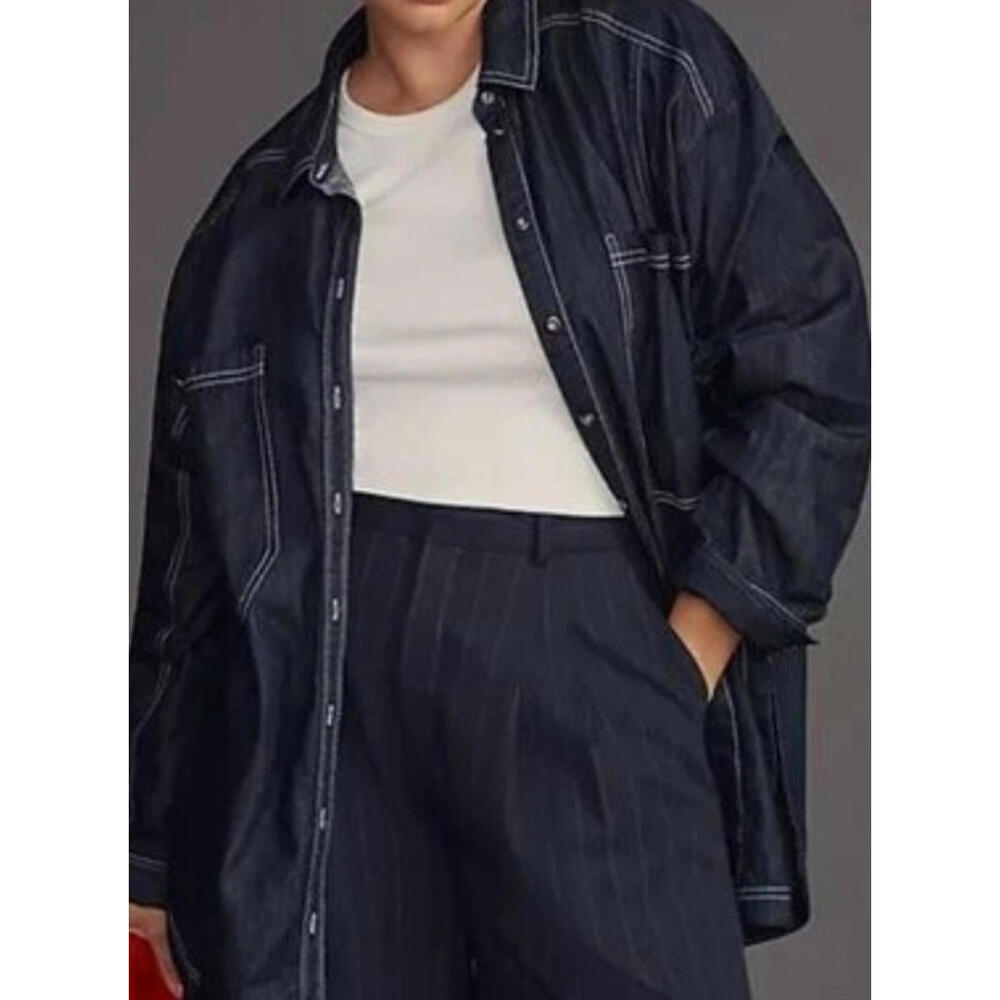 Pilcro Dark Navy Denim Oversized Button-Front Shirt Jacket